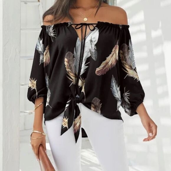 CLEARANCE ☀️ Black Off Shoulder Feather Print Tie Detail Top S - Picture 4 of 9